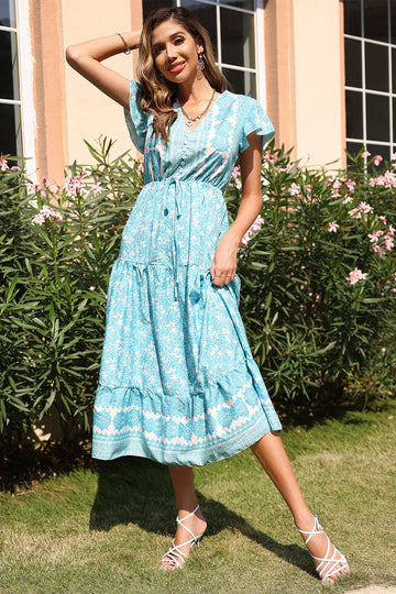 V-ringning Blå Sommarklänning med Kort Ärm